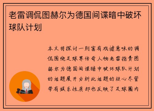 老雷调侃图赫尔为德国间谍暗中破坏球队计划 老雷调侃图赫尔为德国间谍暗中破坏球队计划