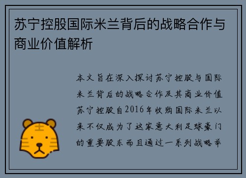 苏宁控股国际米兰背后的战略合作与商业价值解析 苏宁控股国际米兰背后的战略合作与商业价值解析