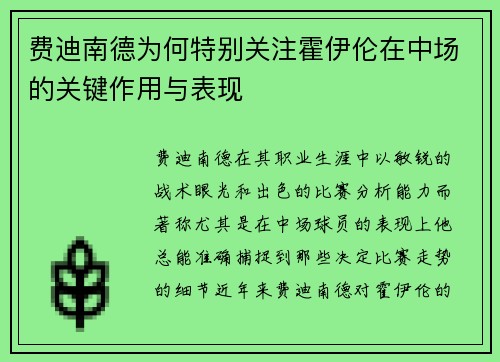 费迪南德为何特别关注霍伊伦在中场的关键作用与表现